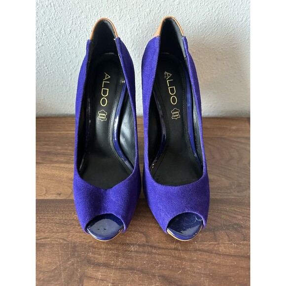 Aldo Deltoro Cobalt Blue Heels Size 6 US 36 Spike Heel Peep Toe Platform Yellow - Picture 3 of 12
